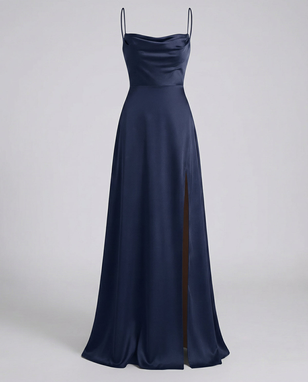 Women's Cowl Neck Maxi Dress with Thin Straps and Side Slit in Navy
