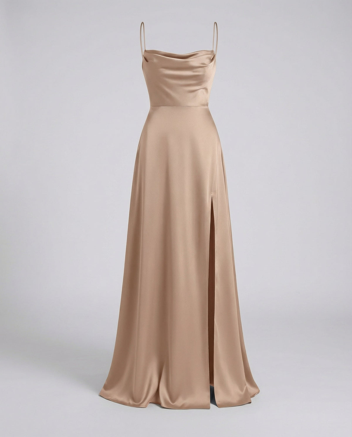 Women's Cowl Neck Maxi Dress with Thin Straps and Side Slit in Brown