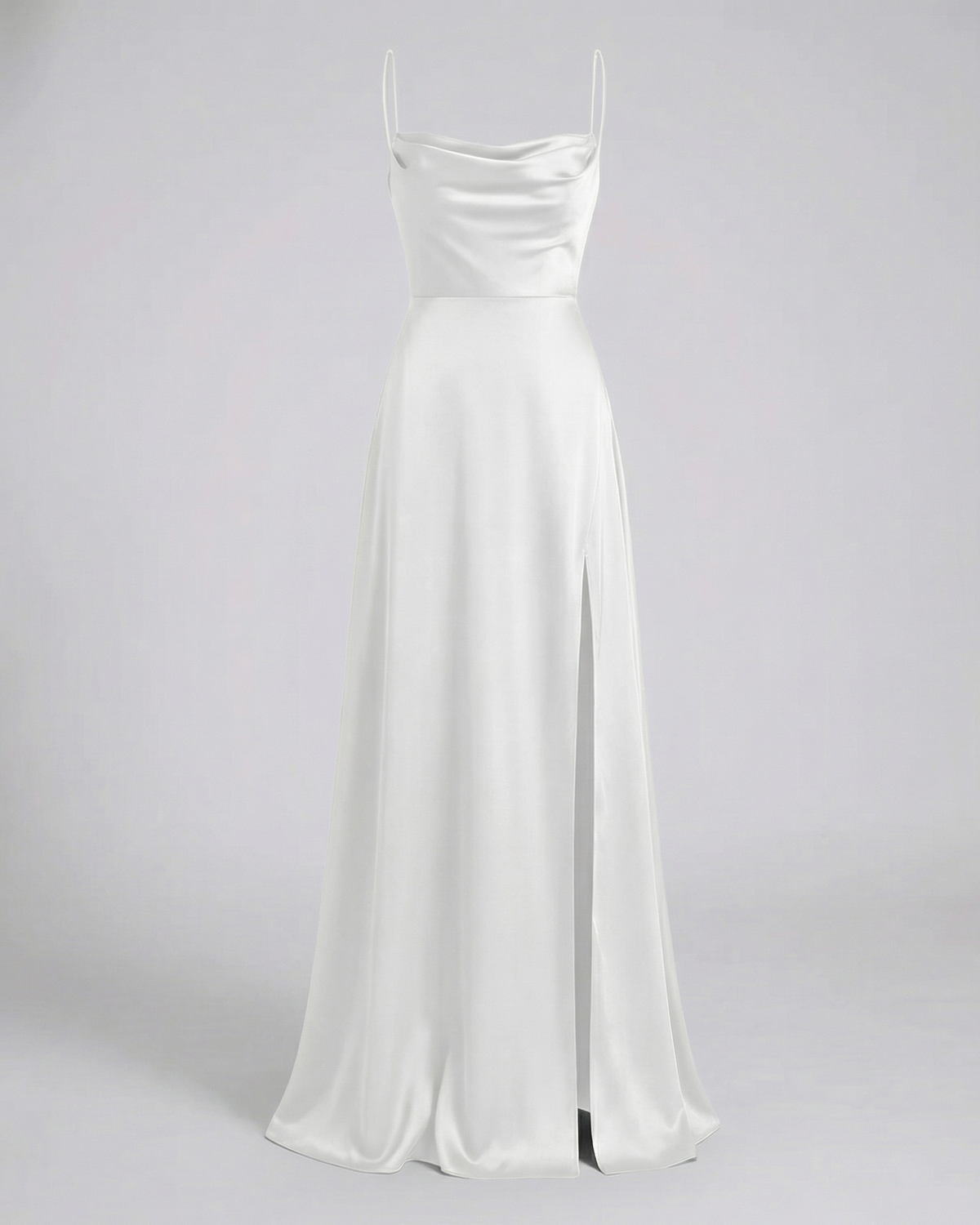Women's Cowl Neck Maxi Dress with Thin Straps and Side Slit in White