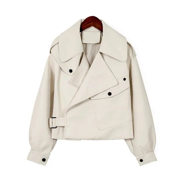 Women's Cropped Jacket with Wide Lapels and Hem Belt in Beige
