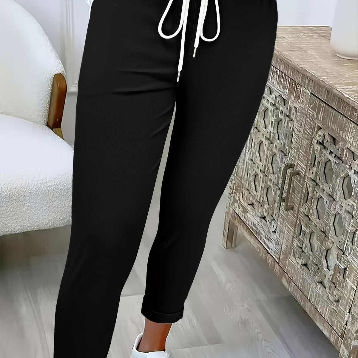 Women's Joggers with Tie Waist and Turn-Up Cuffs in Black