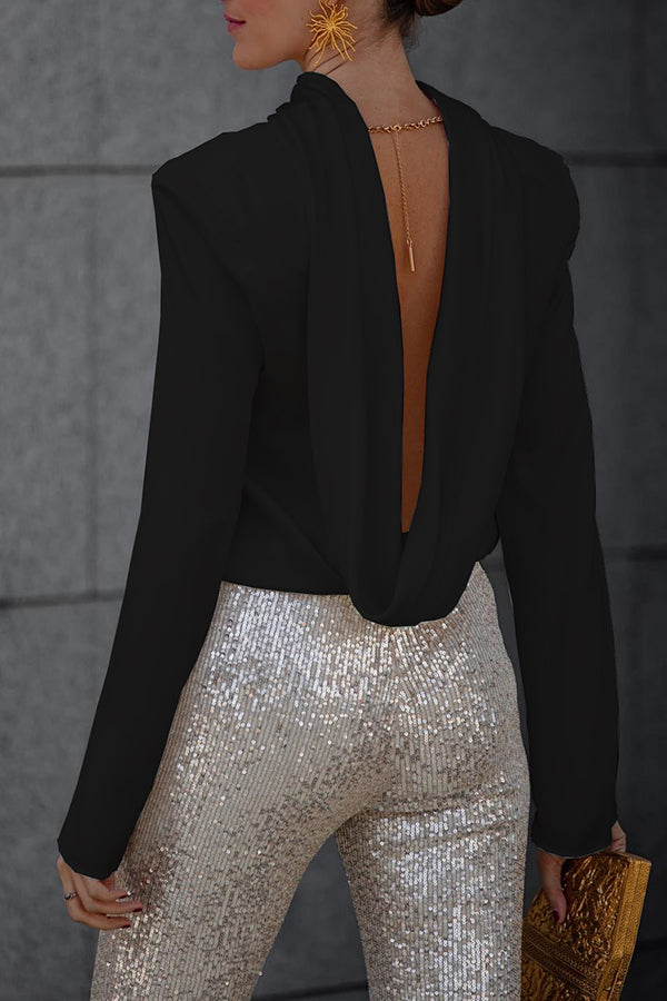 Women's Open-Back Blouse with Draped Detail, Long Sleeves in Black