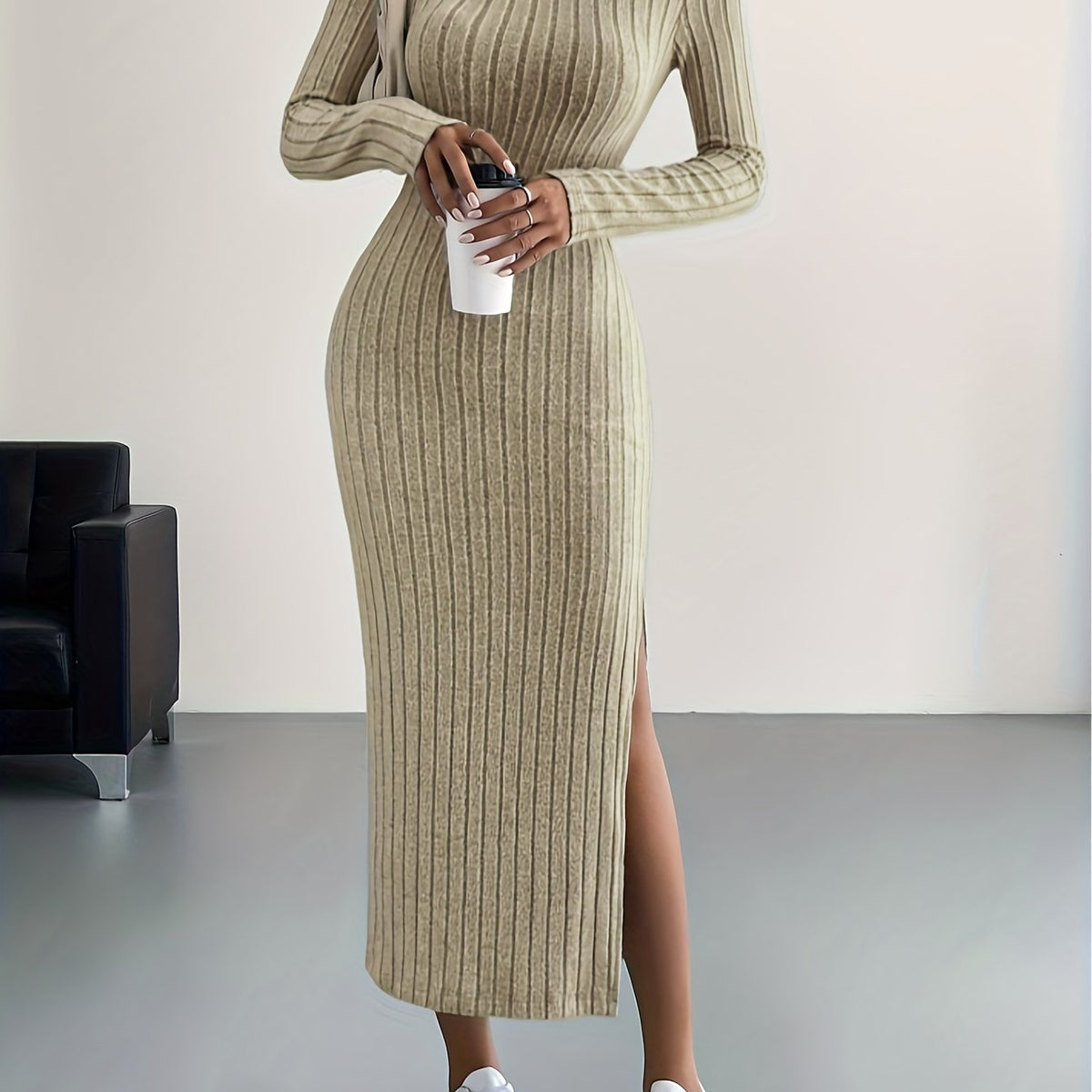 Women's Ribbed Knit Maxi Dress with Round Neck and Side Slit in Khaki