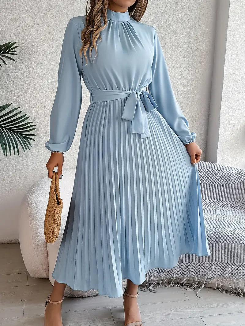 Women's Pleated Midi Dress with Stand Collar and Tie Belt in Light Blue