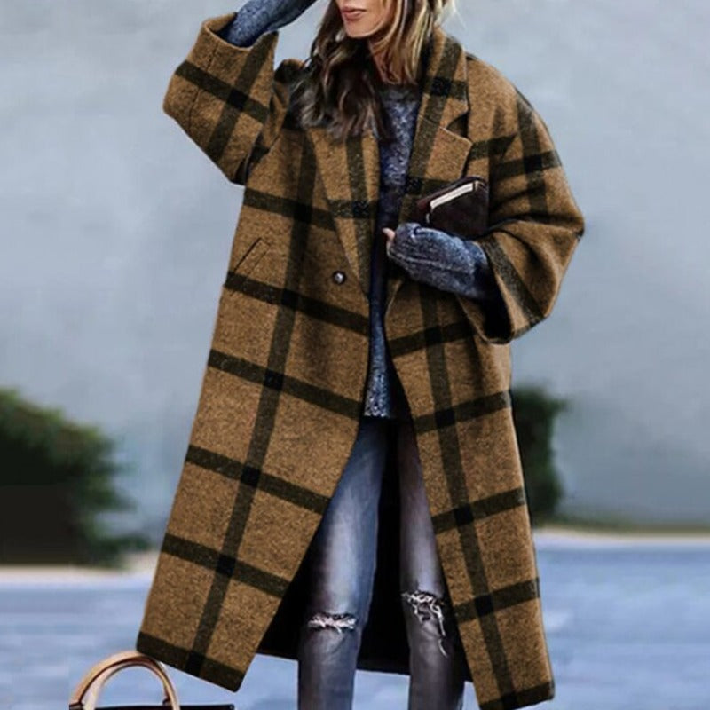 Women's Oversized Coat with Lapels and Button Fastening in Khaki