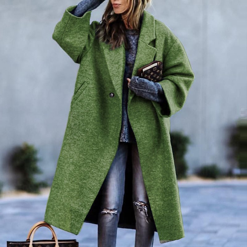 Women's Oversized Coat with Lapels and Button Fastening in Green