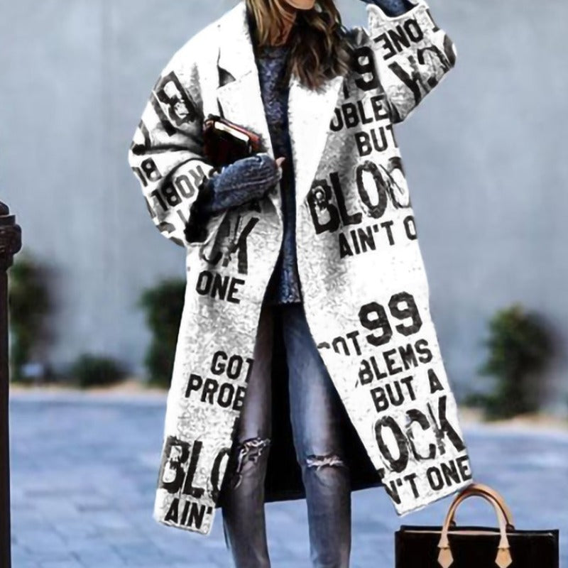 Women's Oversized Coat with Lapels and Button Fastening in White