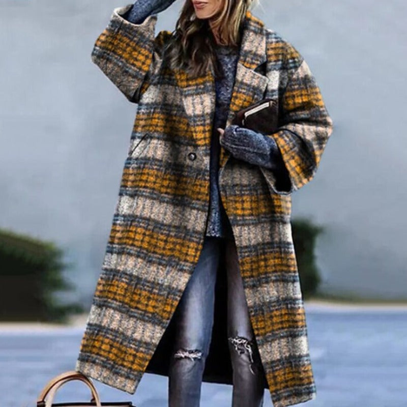 Women's Oversized Coat with Lapels and Button Fastening in Yellow