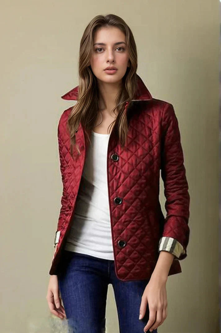 Women's Diamond-Quilted Coat with Collar and Button Front in Red