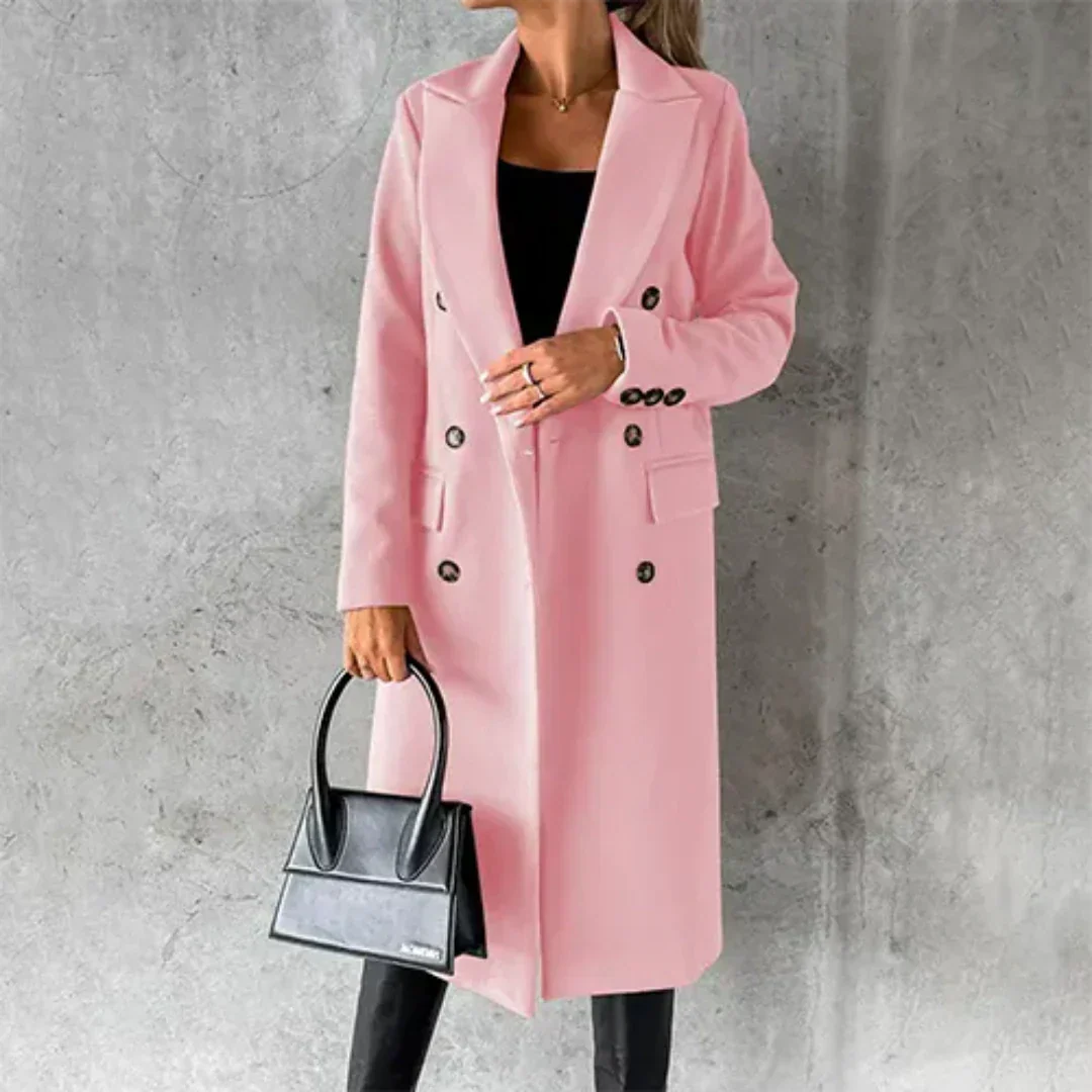 Women's Double-Breasted Midi Coat with Lapels and Flap Pockets in Pink