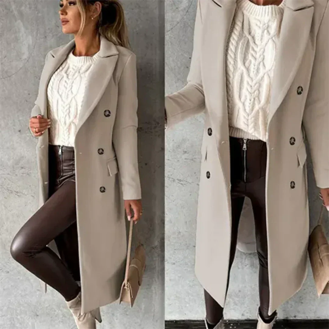 Women's Double-Breasted Midi Coat with Lapels and Flap Pockets in Beige