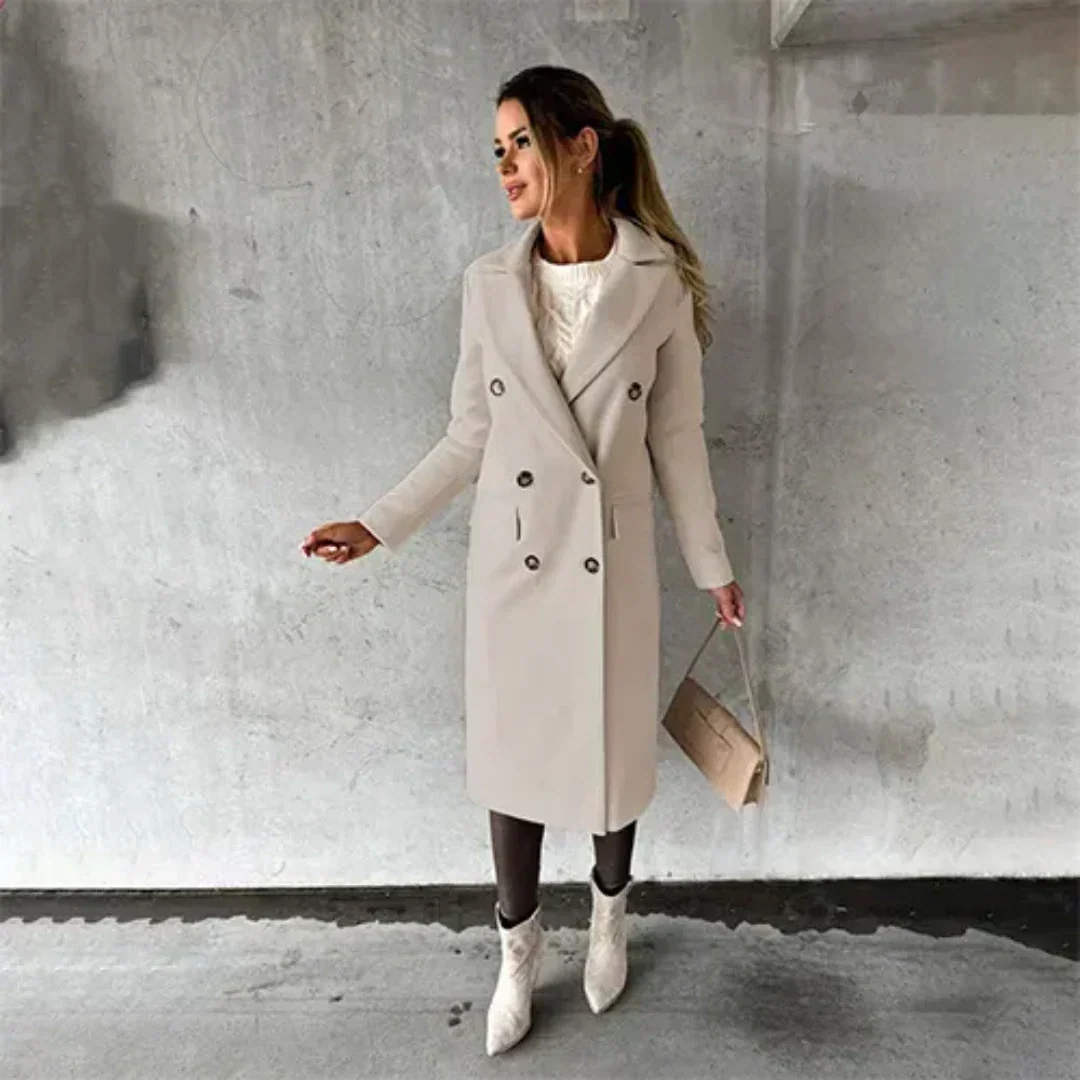 Women's Double-Breasted Midi Coat with Lapels and Flap Pockets in Beige