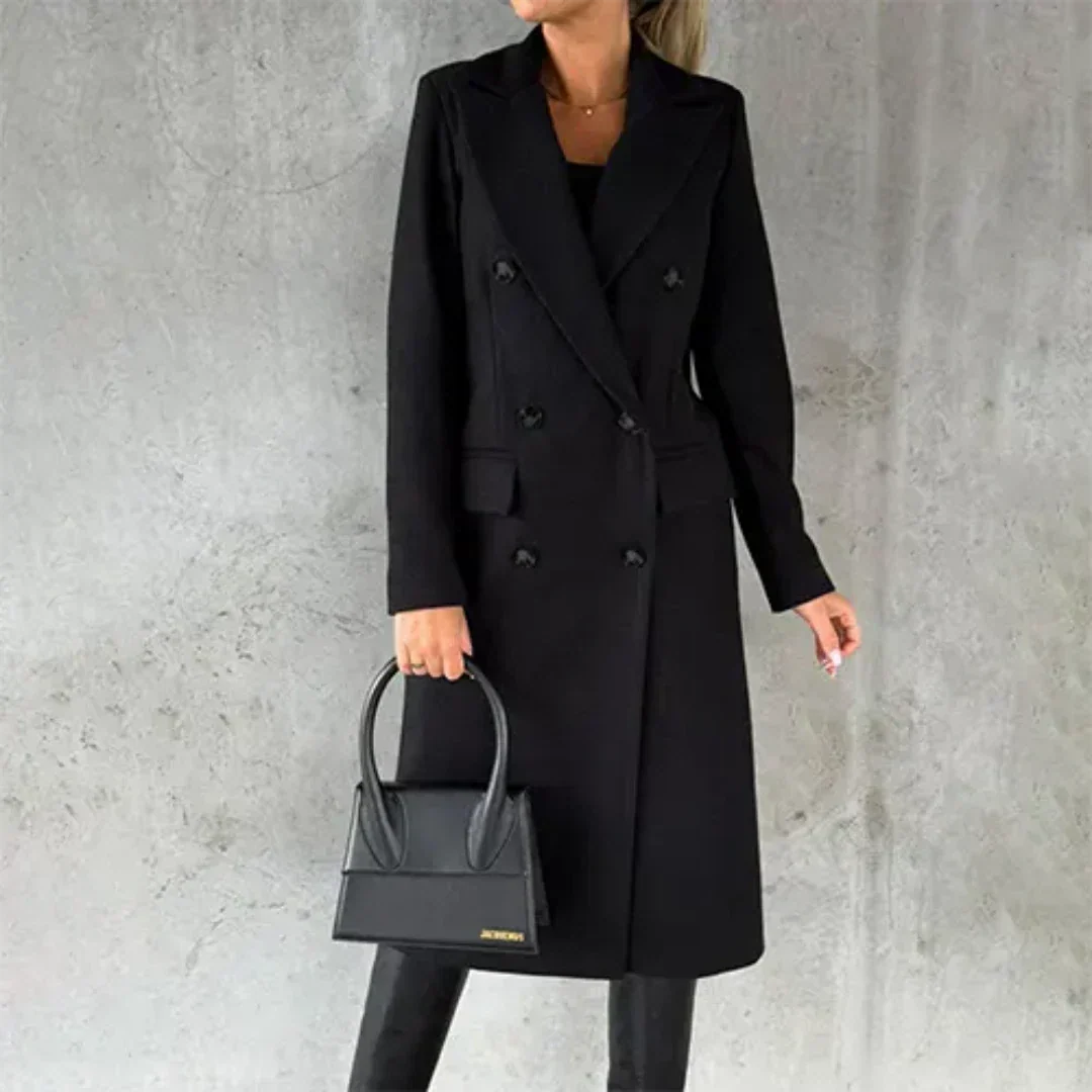Women's Double-Breasted Midi Coat with Lapels and Flap Pockets in Black