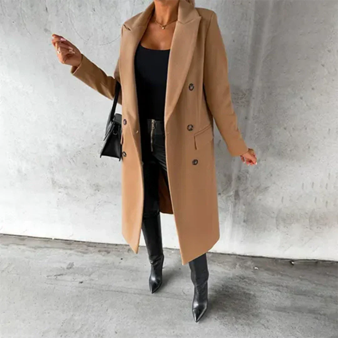 Women's Double-Breasted Midi Coat with Lapels and Flap Pockets in Brown