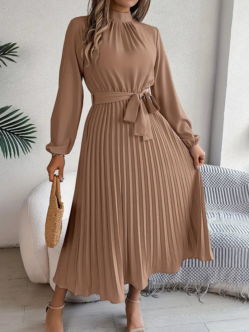 Women's Pleated Midi Dress with Stand Collar and Tie Belt in Khaki