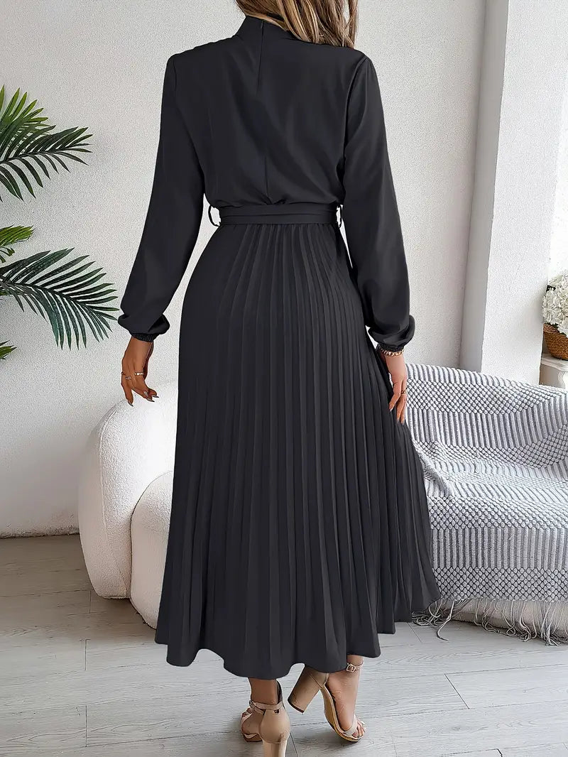 Women's Pleated Midi Dress with Stand Collar and Tie Belt in Black