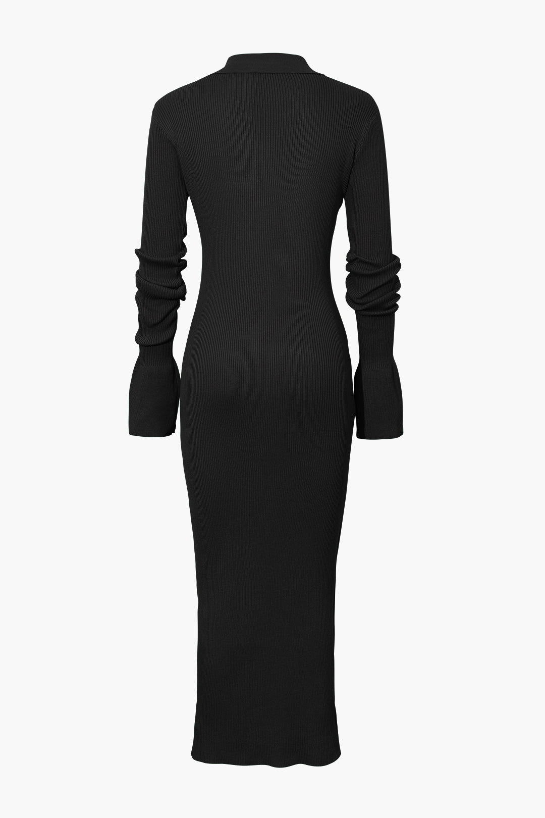 Women's Ribbed Knit Maxi Dress with Polo Collar and Button Front in Black