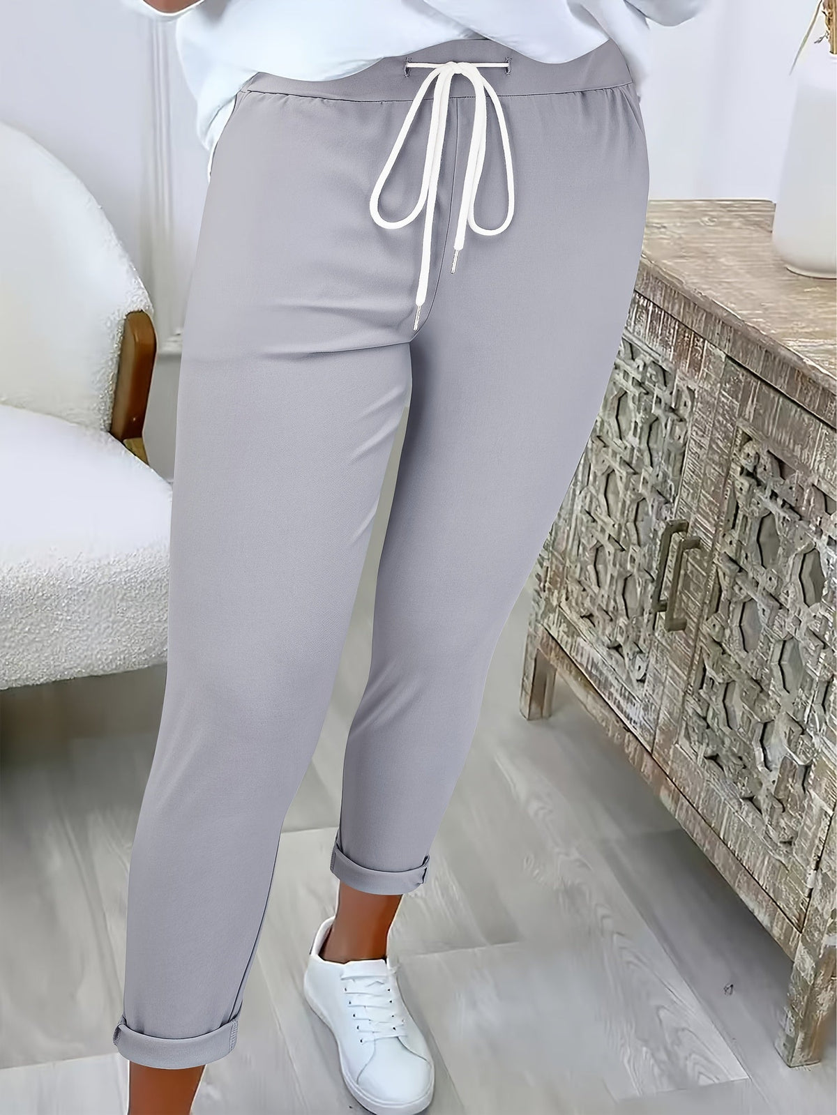 Women's Joggers with Tie Waist and Turn-Up Cuffs in Light Grey