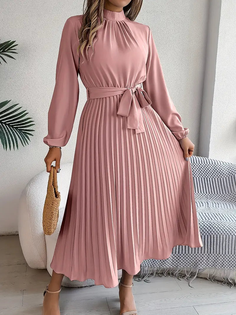 Women's Pleated Midi Dress with Stand Collar and Tie Belt in Pink