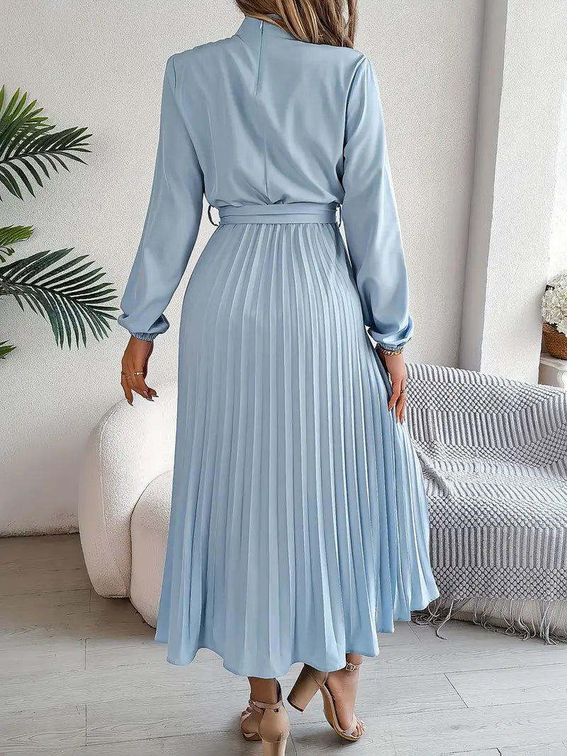 Women's Pleated Midi Dress with Stand Collar and Tie Belt in Light Blue