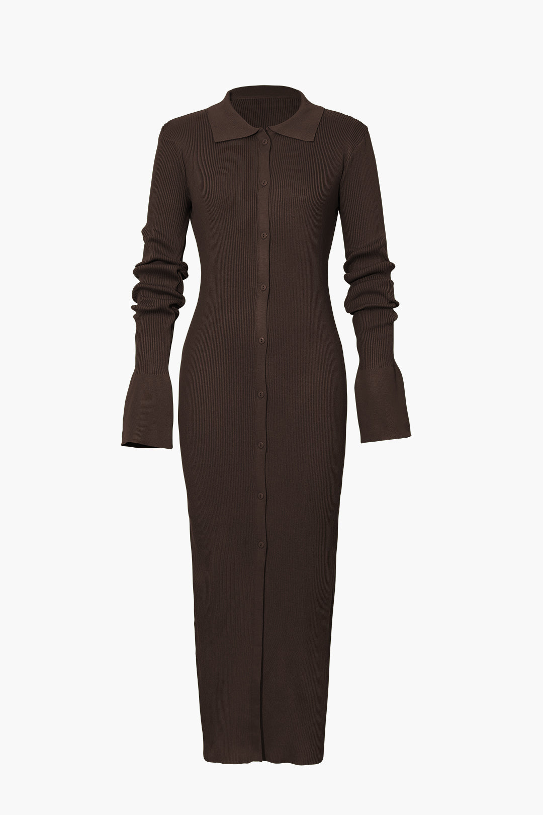 Women's Ribbed Knit Maxi Dress with Polo Collar and Button Front in Coffee