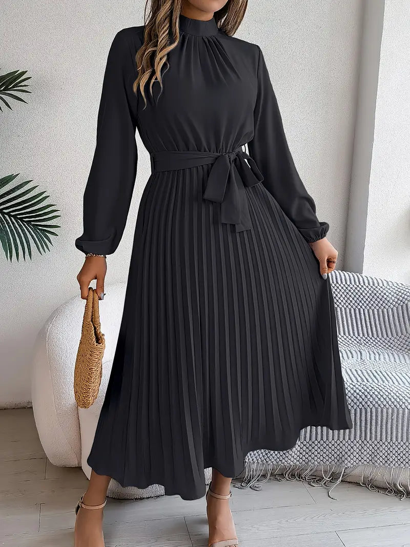 Women's Pleated Midi Dress with Stand Collar and Tie Belt in Black