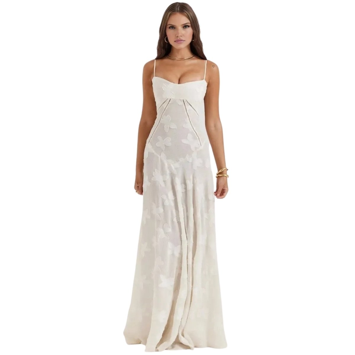 Women's Floral Maxi Dress with Thin Straps and Deep Neckline in White