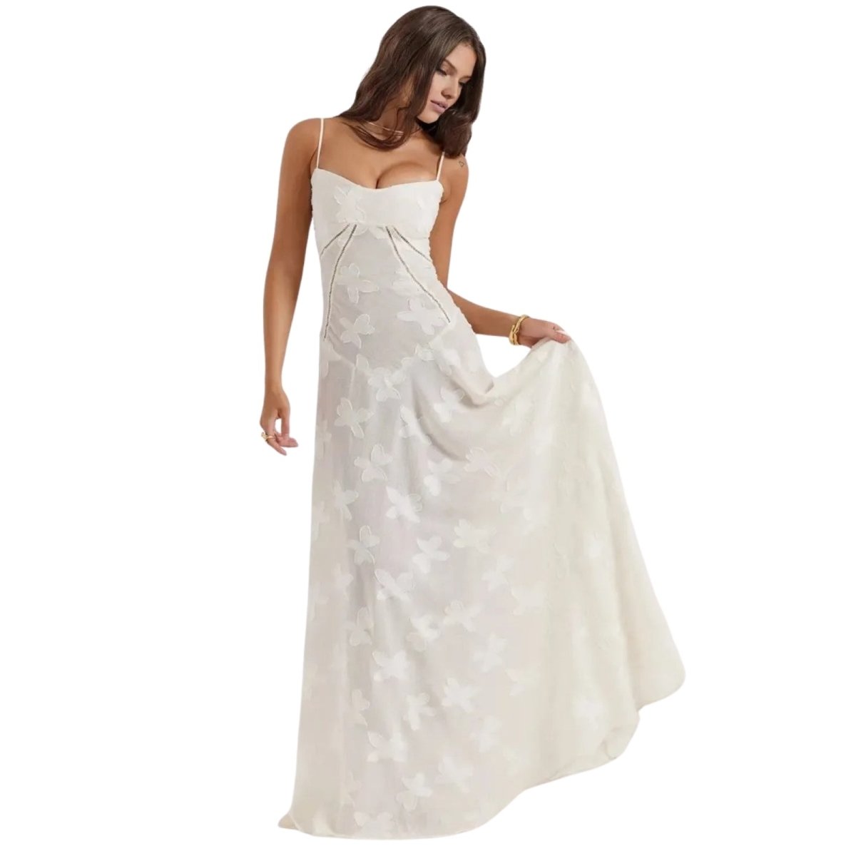 Women's Floral Maxi Dress with Thin Straps and Deep Neckline in White