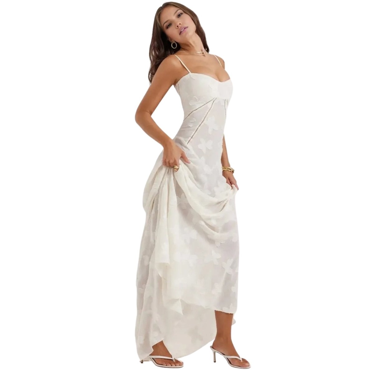 Women's Floral Maxi Dress with Thin Straps and Deep Neckline in White
