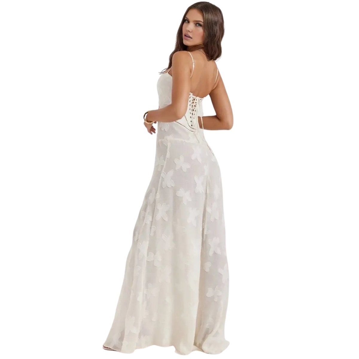 Women's Floral Maxi Dress with Thin Straps and Deep Neckline in White