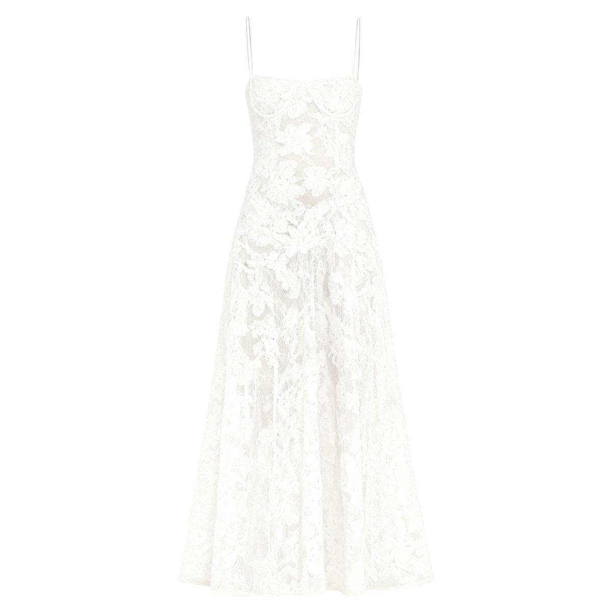 Women's Floral Maxi Dress with Thin Straps and Deep Neckline in White