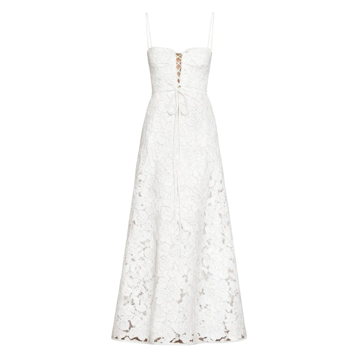 Women's Floral Maxi Dress with Thin Straps and Deep Neckline in White
