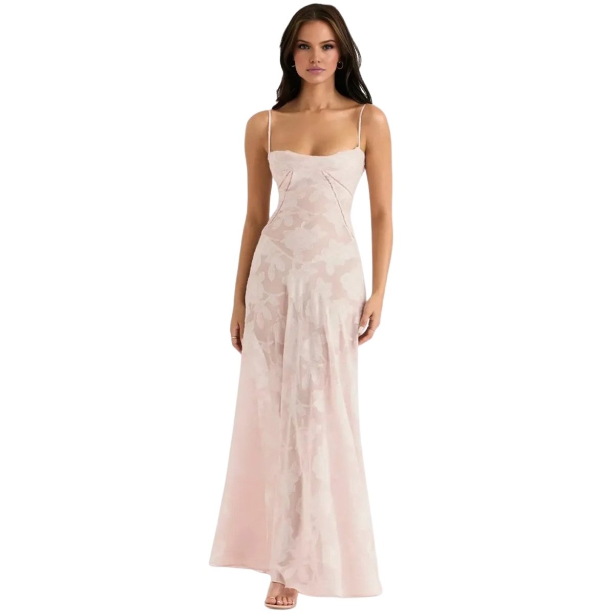 Women's Floral Maxi Dress with Thin Straps and Deep Neckline in Pink