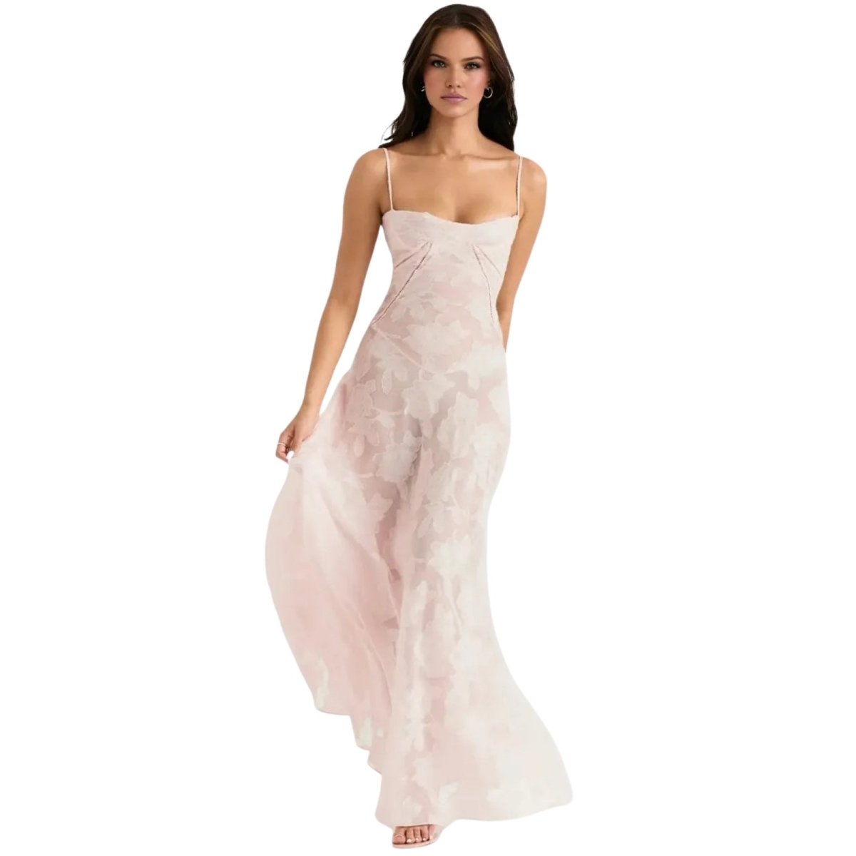 Women's Floral Maxi Dress with Thin Straps and Deep Neckline in Pink
