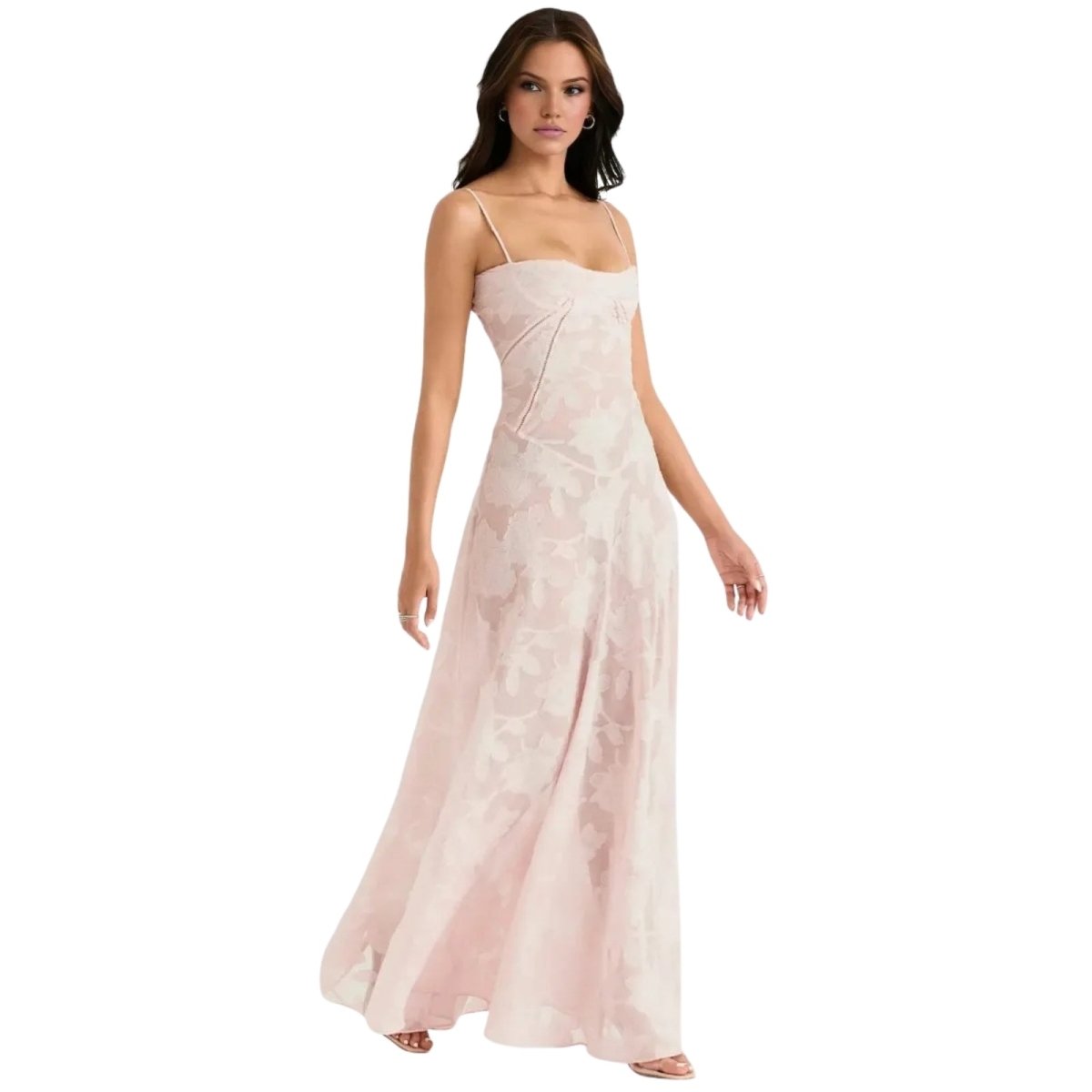 Women's Floral Maxi Dress with Thin Straps and Deep Neckline in Pink