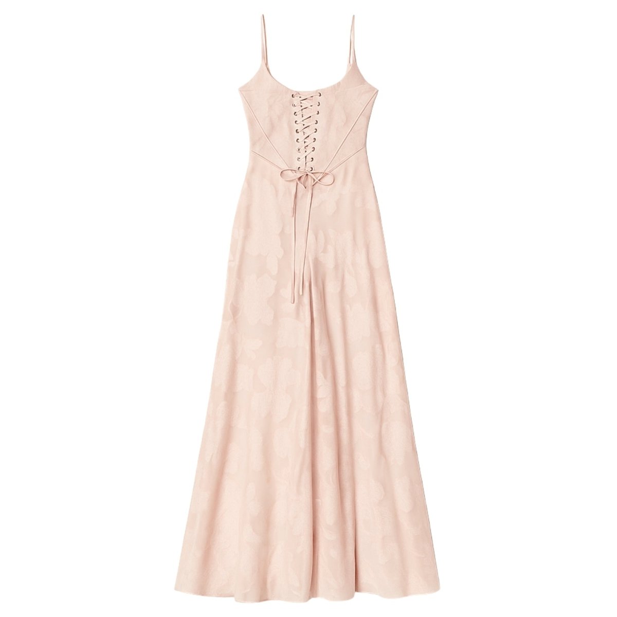 Women's Floral Maxi Dress with Thin Straps and Deep Neckline in Pink