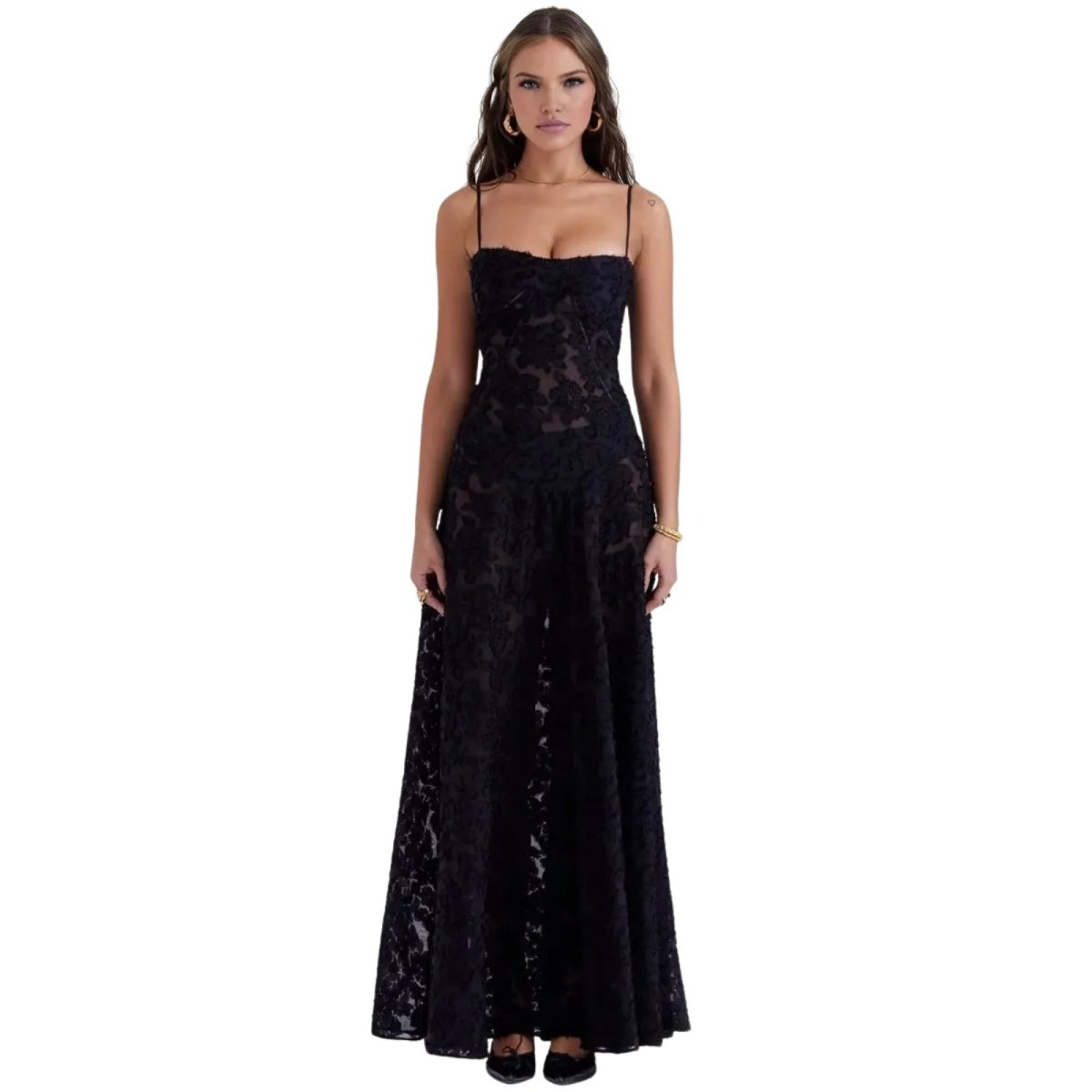 Women's Floral Maxi Dress with Thin Straps and Deep Neckline in Black