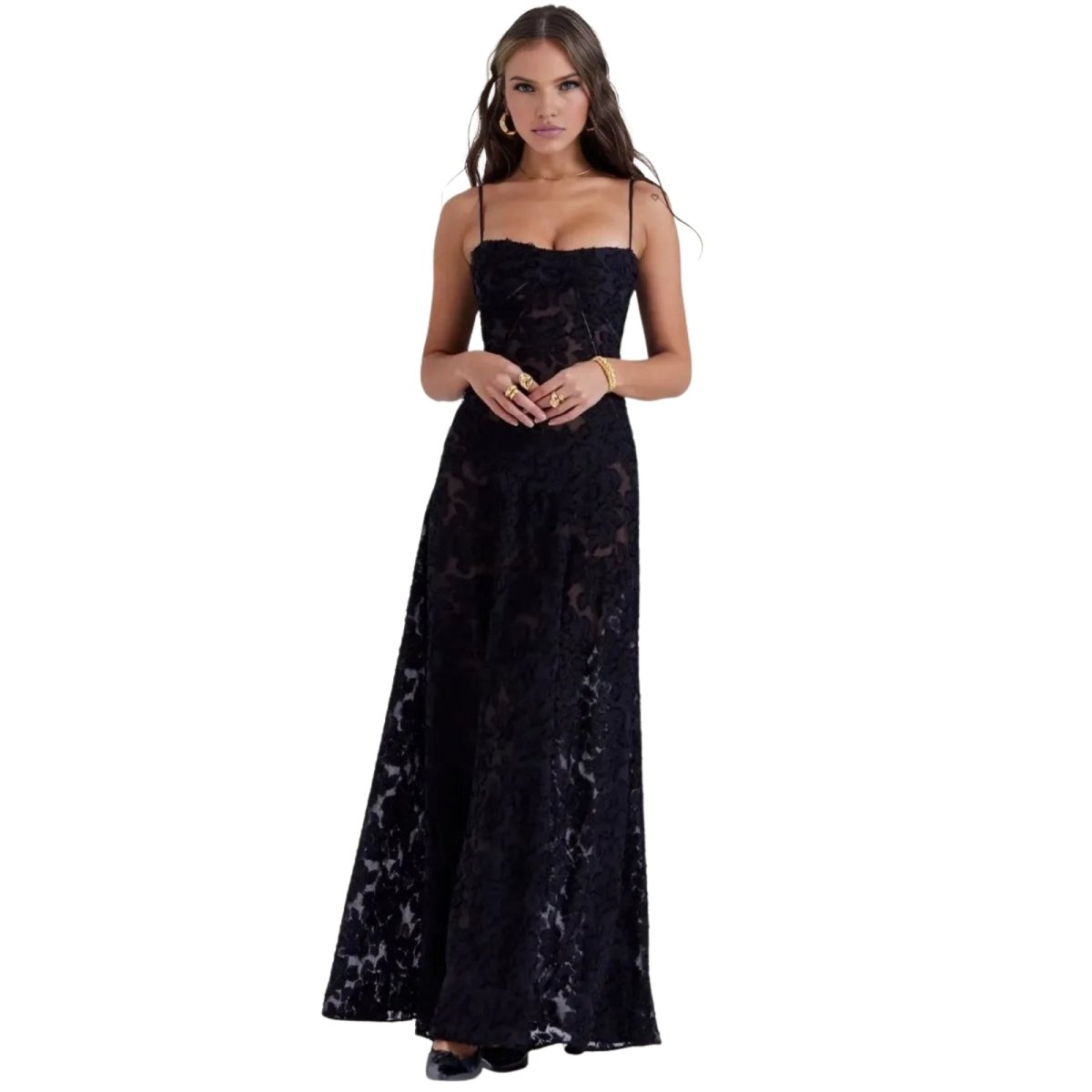 Women's Floral Maxi Dress with Thin Straps and Deep Neckline in Black
