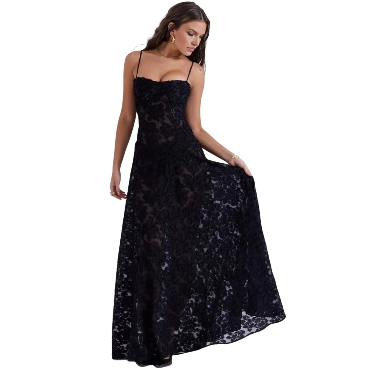 Women's Floral Maxi Dress with Thin Straps and Deep Neckline in Black