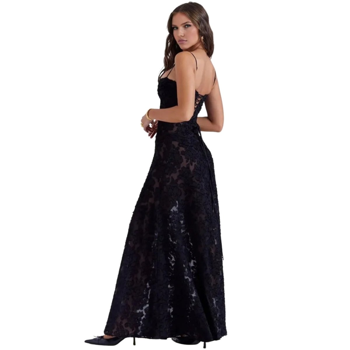Women's Floral Maxi Dress with Thin Straps and Deep Neckline in Black