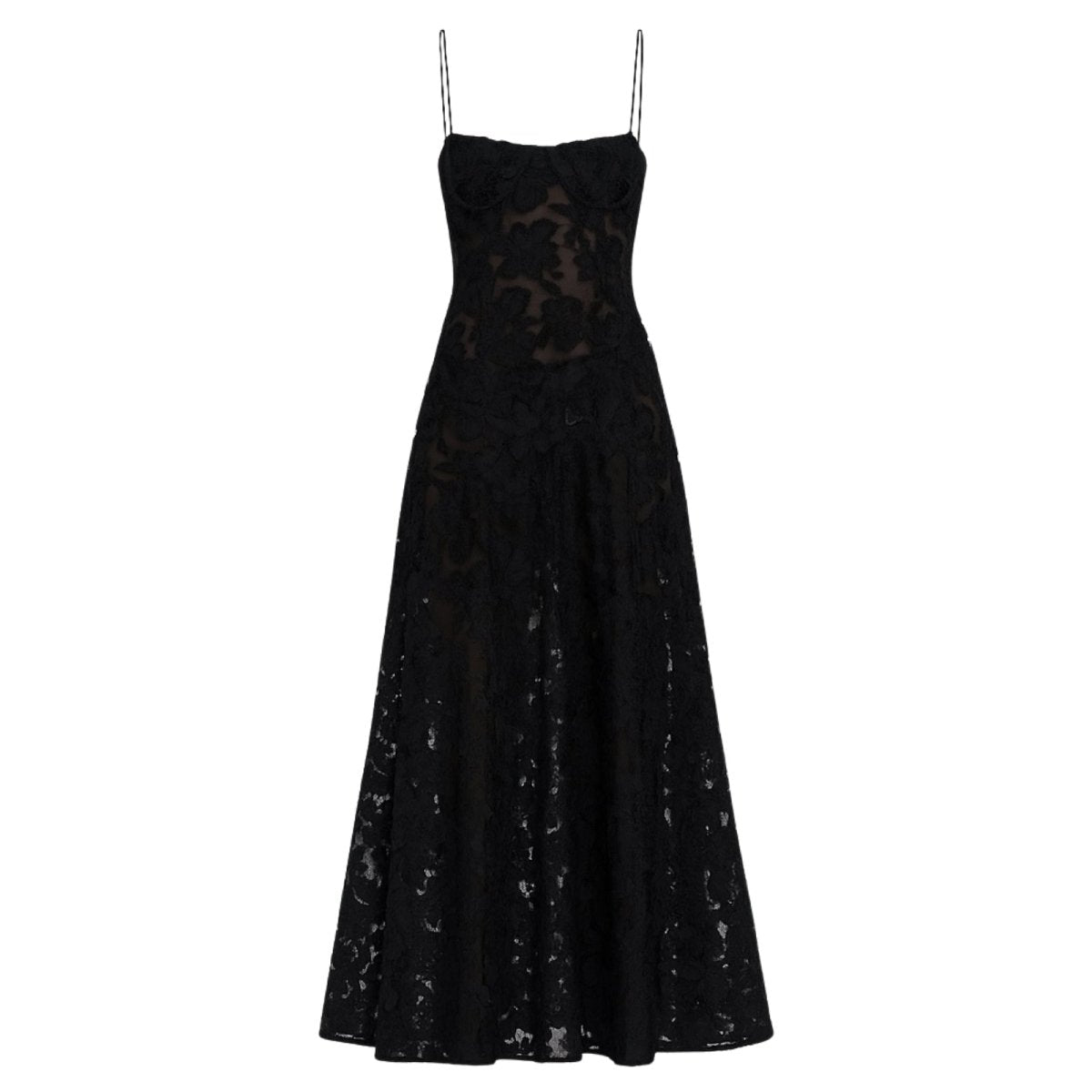 Women's Floral Maxi Dress with Thin Straps and Deep Neckline in Black