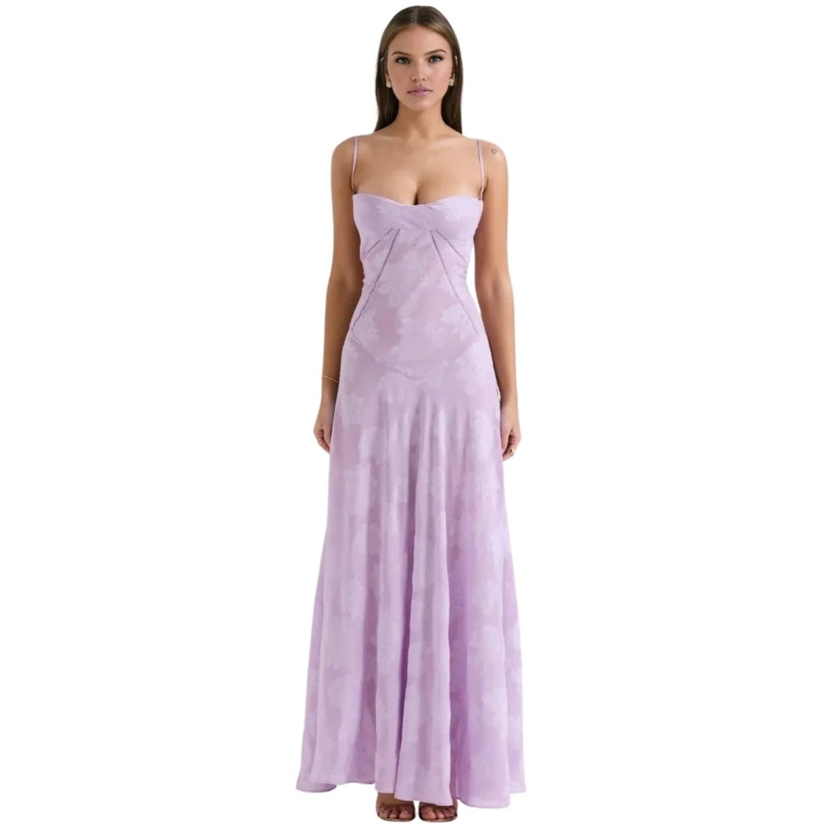 Women's Floral Maxi Dress with Thin Straps and Deep Neckline in Purple