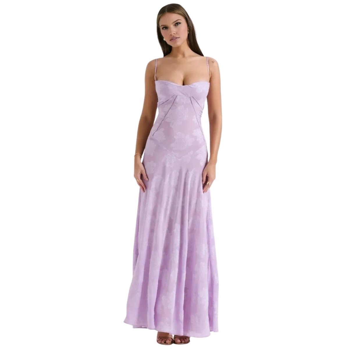 Women's Floral Maxi Dress with Thin Straps and Deep Neckline in Purple