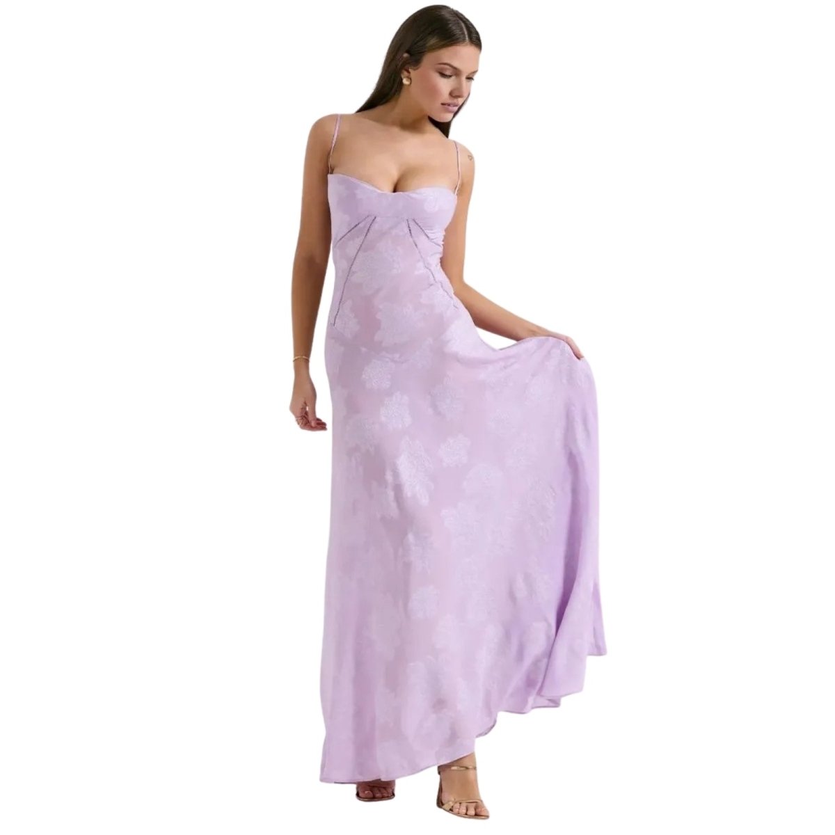 Women's Floral Maxi Dress with Thin Straps and Deep Neckline in Purple
