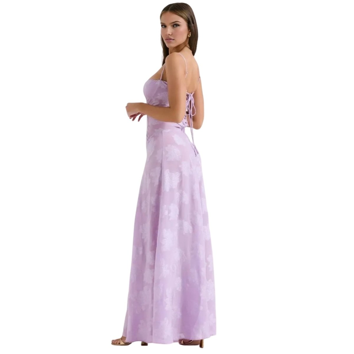 Women's Floral Maxi Dress with Thin Straps and Deep Neckline in Purple