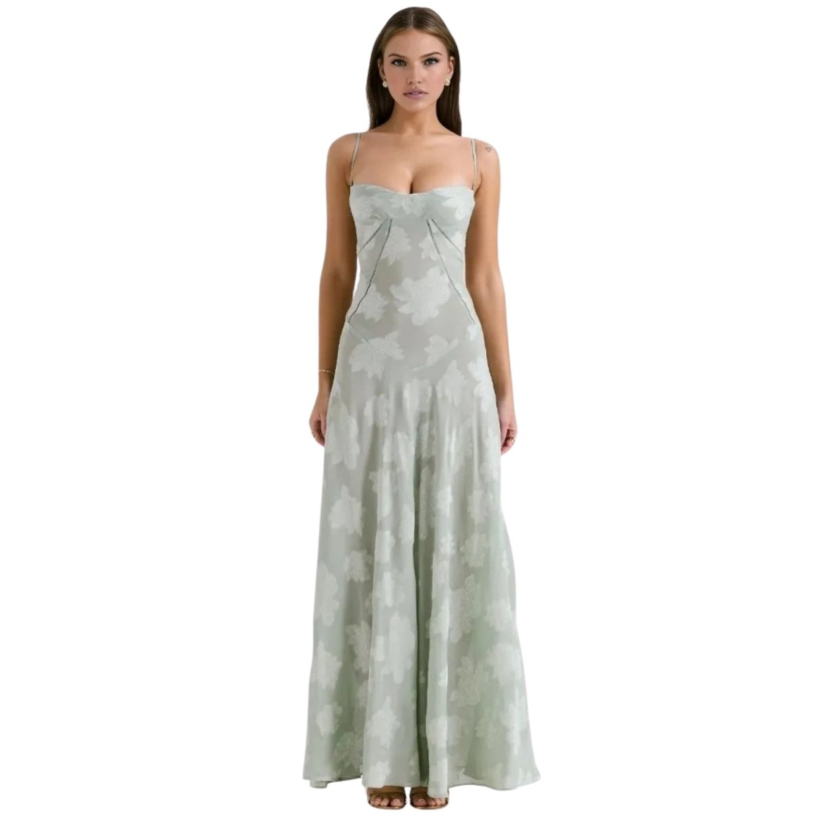 Women's Floral Maxi Dress with Thin Straps and Deep Neckline in Green