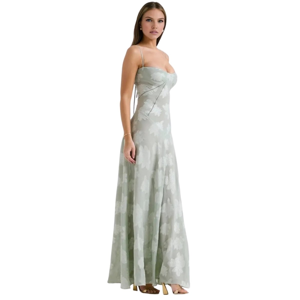 Women's Floral Maxi Dress with Thin Straps and Deep Neckline in Green
