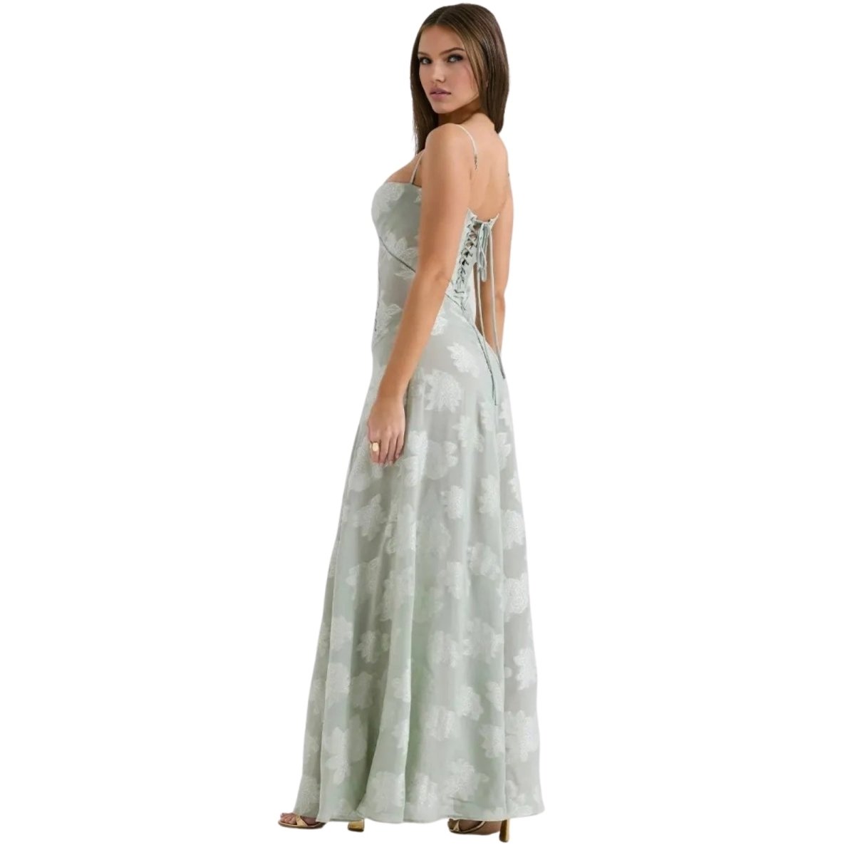 Women's Floral Maxi Dress with Thin Straps and Deep Neckline in Green