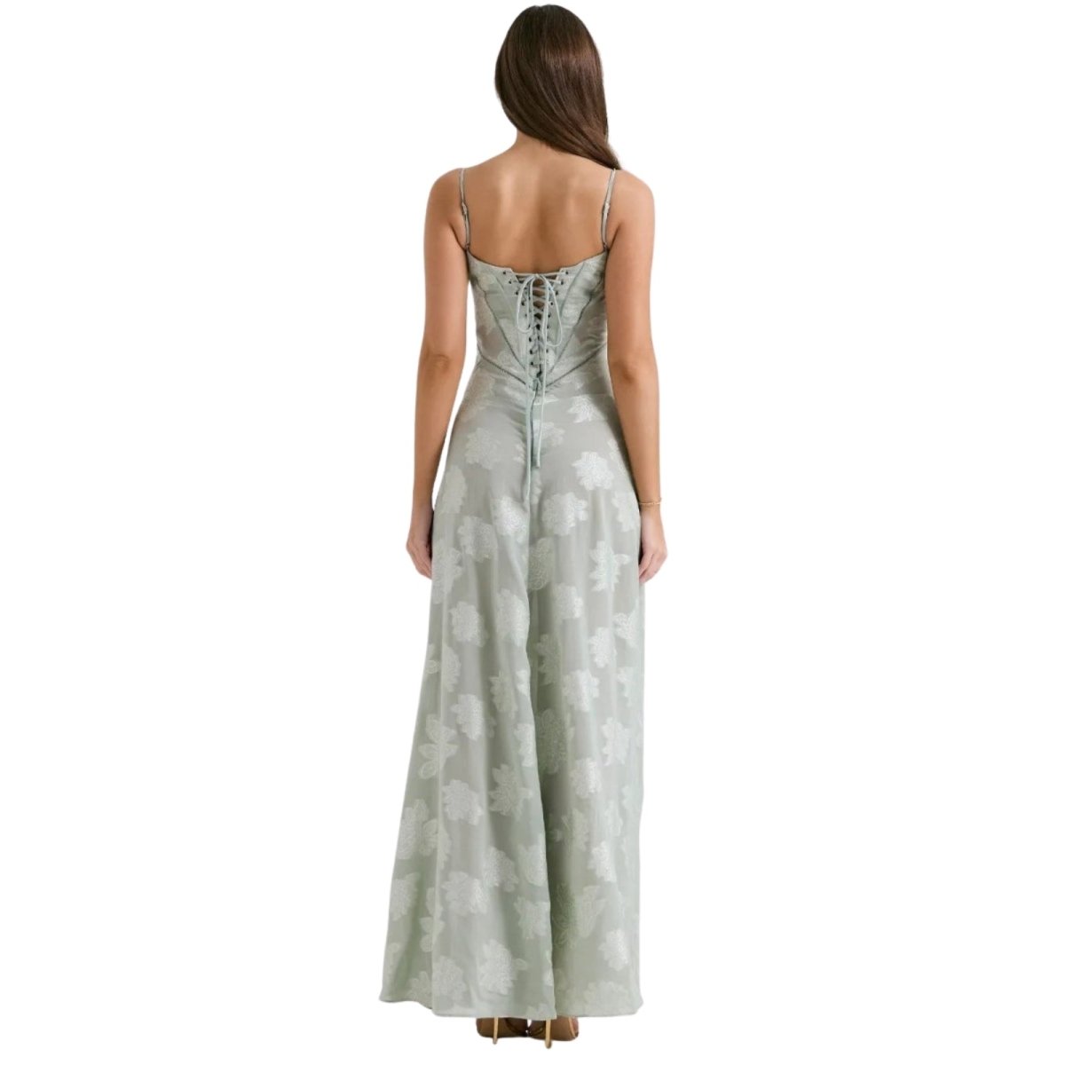 Women's Floral Maxi Dress with Thin Straps and Deep Neckline in Green