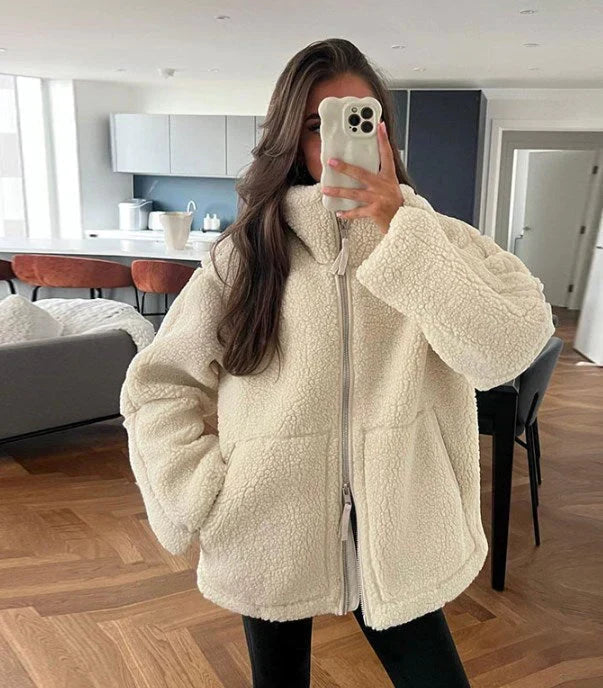 Women's Fluffy Zip-Up Jacket with Stand Collar in Beige